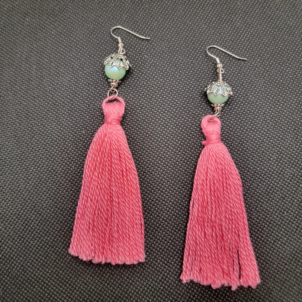 Handmade Tassel Earrings Pink Minty Teal Pearlescent Faux Pearl Bell Boho Hippie